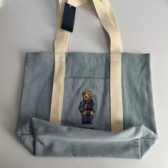 Lotte Japanese and Korean Polo Webbing Denim Suit Bear Embroidered Canvas Bag Shopping Bag Shoulder Tote Bag Tote