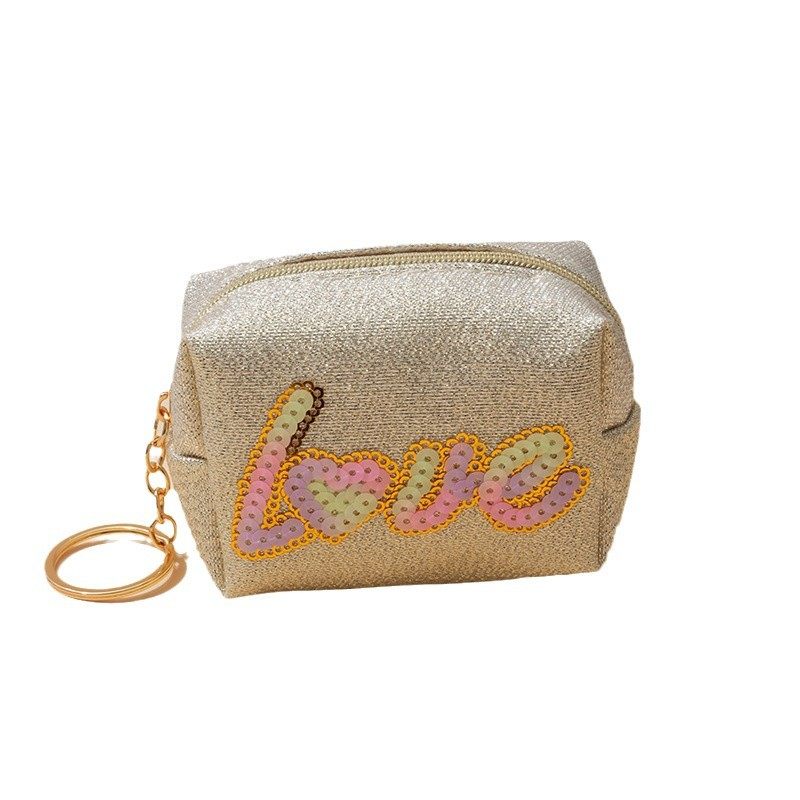 New Arrival Gloss Pink Sequins Embroidered Love Coin Purse Mini Lipstick Headphone Bag Waterproof with Keychain Small Bag