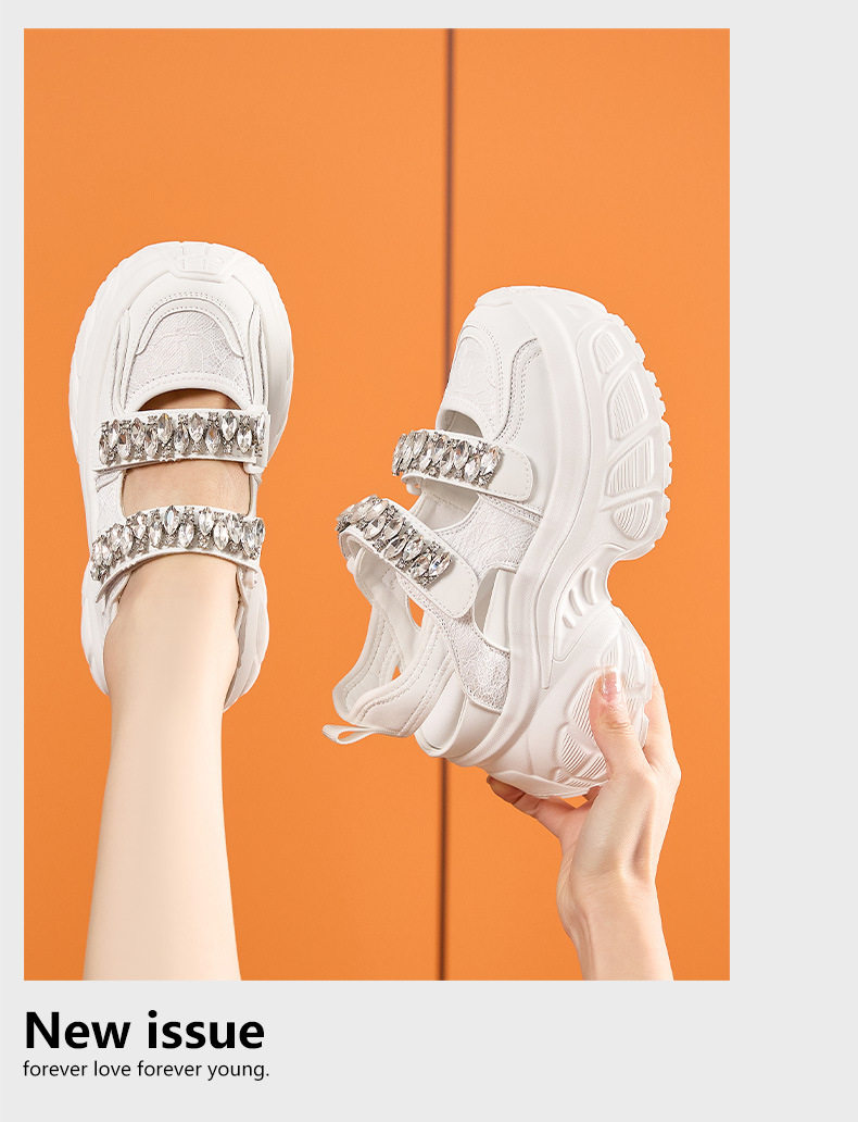 Giày Mary Jane nữ quai ngang Velcro đế xuồng cao gót 8 cm, mũi tròn hở mũi, phối đá rhinestone — Bạc, Trắng chi tiết 12