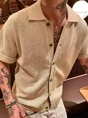 Collared Knit Short-Sleeve T-Shirt for Men, Summer Old Money Style, Hollow-Out Design, High-End Feel, Cross-Border Wholesale Half-Sleeve Cardigan Top