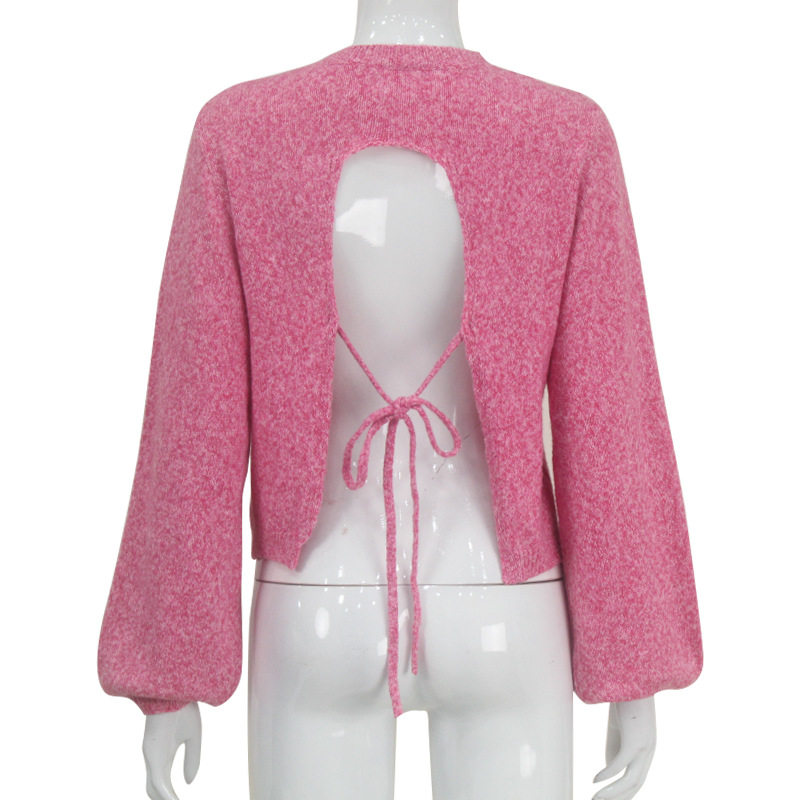 Knit Sweater Round Neck Long Sleeve Sexy Backless Tie Design Short Style Casual Wear for Autumn and Winter