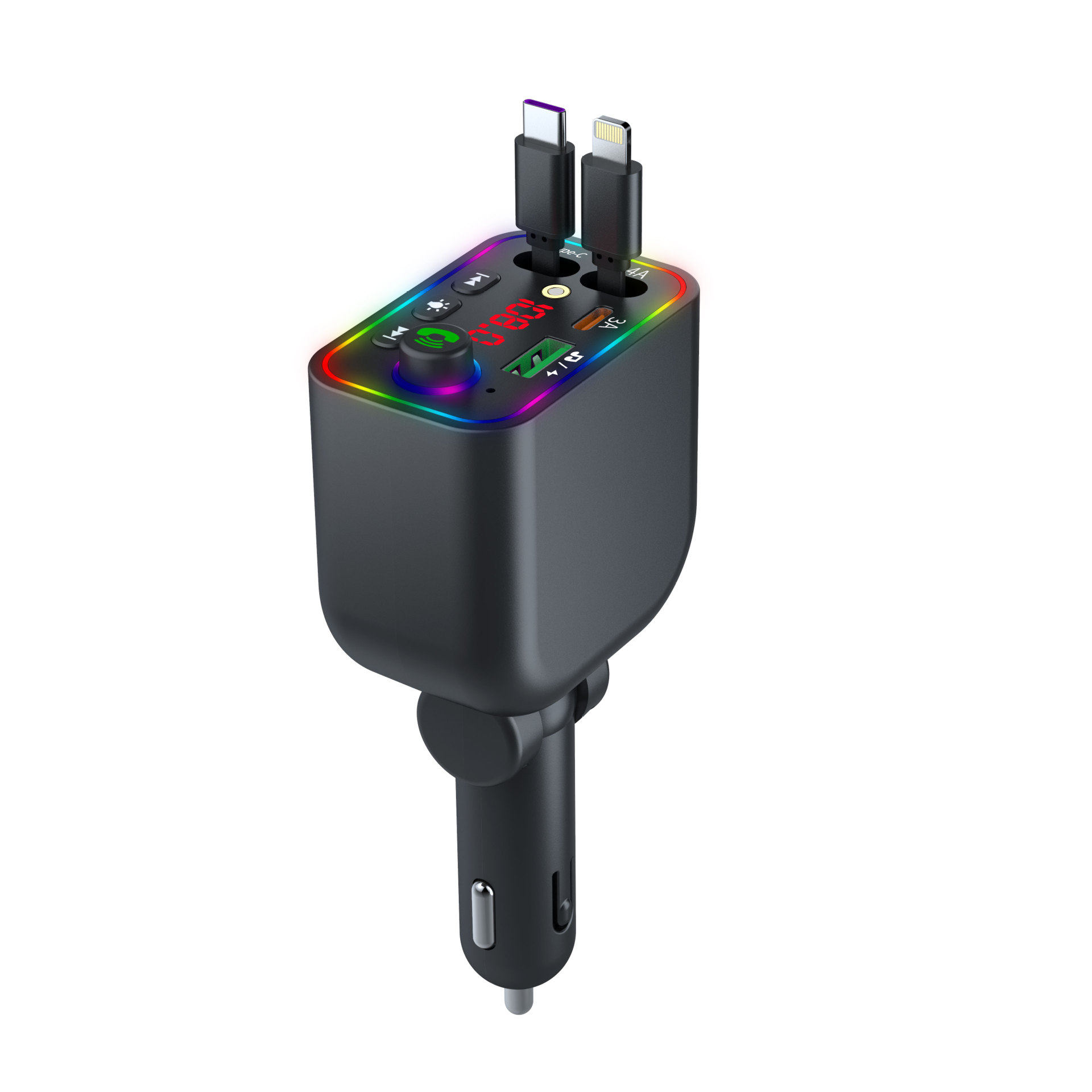 T4 Super Fast Charging Comes with Retractable Cable Car Bluetooth Mp3 Car Charger Retractable One to Four Car Mp3
