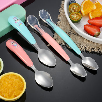 Portable Children's Tableware Fruit Spoon Double-head Dual-purpose Cartoon Baby Silicone Mud Scraper Spoon Baby Food Supplementary Mud Digging Spoon