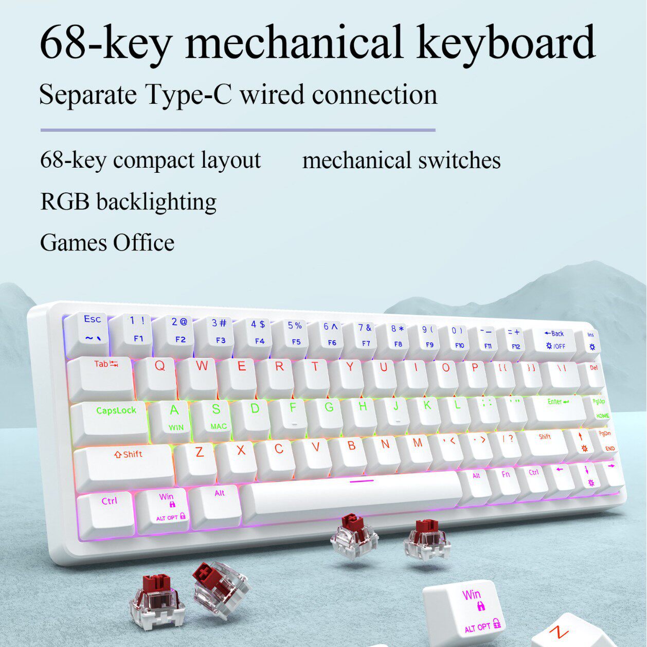 F68 Key Wired Mechanical Keyboard Rgb Backlight Mixed Light Red Axis Game Home Office Export Cross-Border E-Sports Keyboard