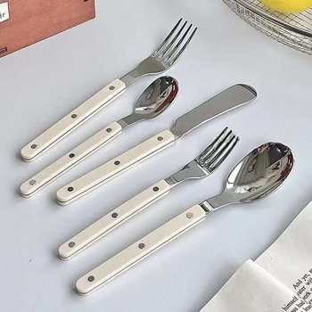 Stainless Steel French-Style High-Quality Five-Piece Cutlery Set with Knife, Fork, Spoon, Ins-Style Tableware, Western-Style Home Dining Spoon, Steak Knife and Fork