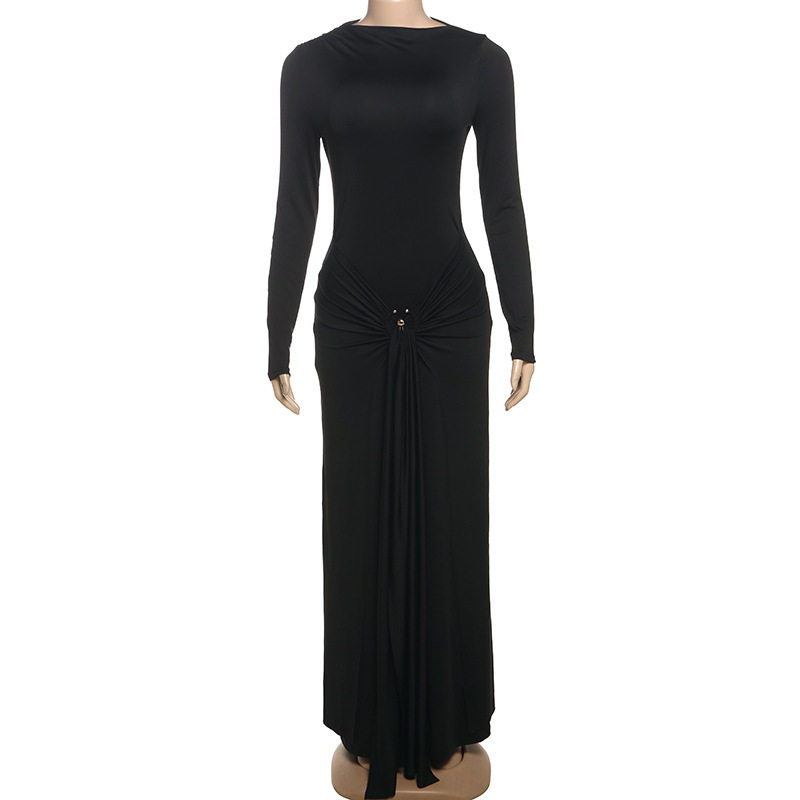Elegant Long Sleeve Solid Color Maxi Dress with Decorative Ring and Tie Detail for Women Autumn Collection Wholesale Available