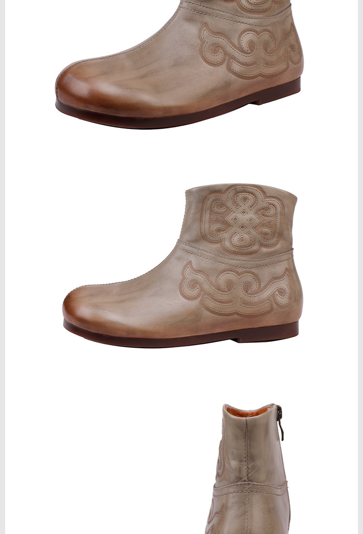 Boot nữ cổ thấp da bò thật đế bằng mềm êm chân — đen, xám