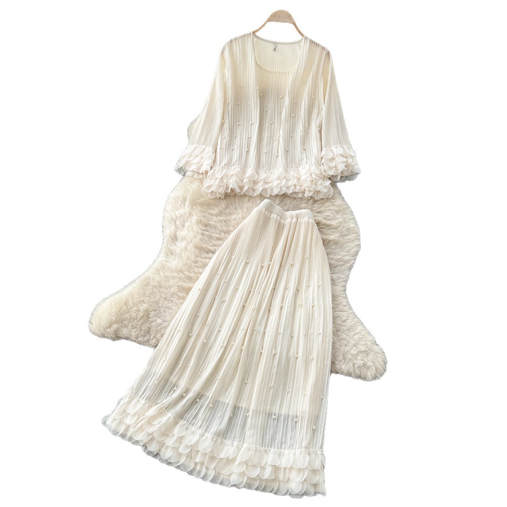 French Style Elegant 3D Petal Embellished Long Sleeve Two Piece Skirt Set Autumn Fashion Womens Chic Outfit Wholesale