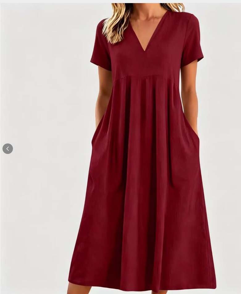 Womens Casual Loose V Neck Short Sleeve Dress Solid Color Spring Summer Style Wholesale Availability