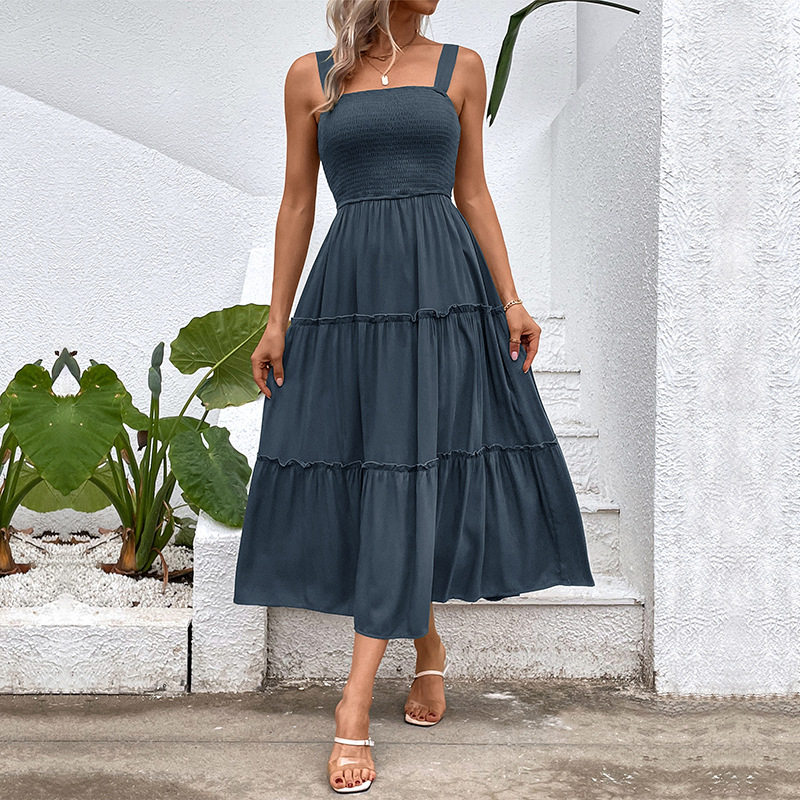 Casual Summer Dress Solid Color Adjustable Straps Waist Tie Design Beach Vacation Essential Wholesale Available