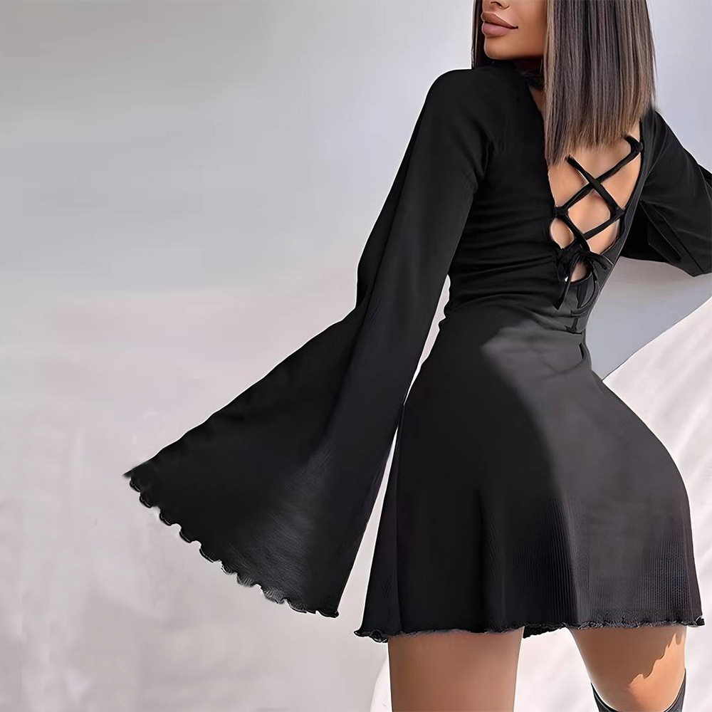 Bell Sleeve Mini Dress Sexy Tie Detail Spring Summer European and American Style Wholesale Available