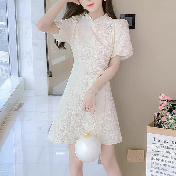 Summer French Style Modified Qipao Dress for Women Short Puff Sleeve Elegant Fit Petite Size Perfect for Casual