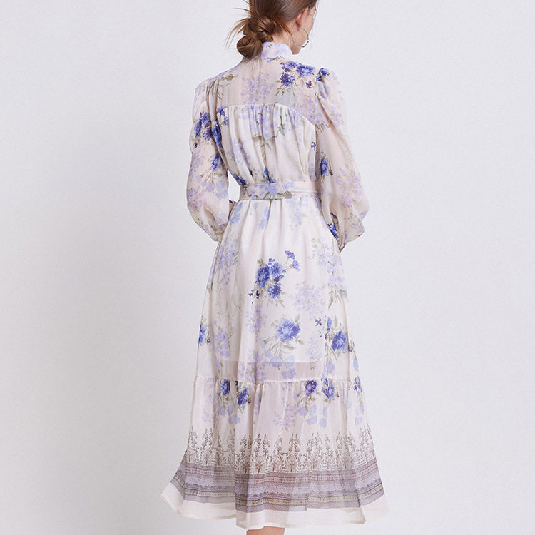 Elegant Womens Long Sleeve Dress High Neck Waist Tie Ruffled Hem Floral Print Perfect for Spring Summer Events