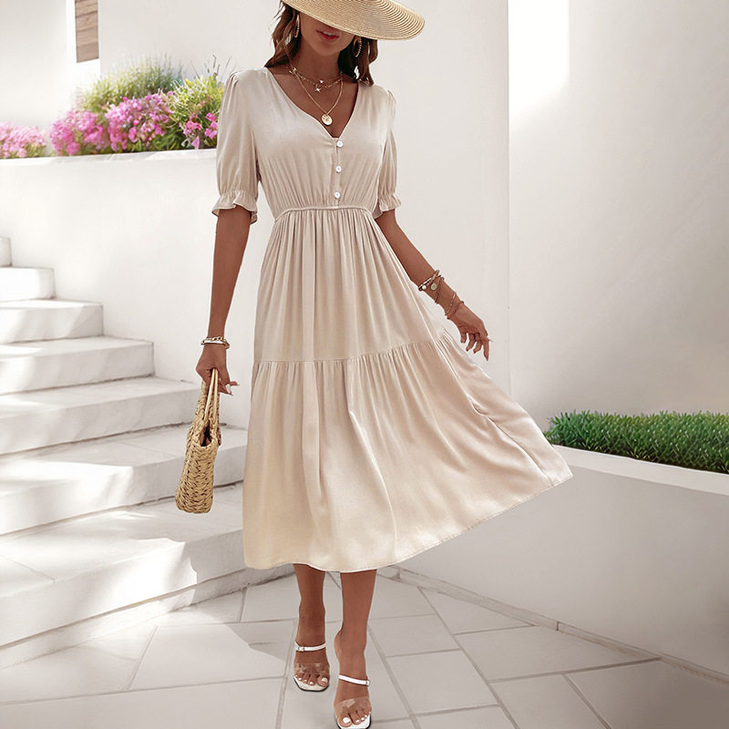 Casual Puff Sleeve V Neck Dress Simple Design Wrinkled Fabric Solid Color Perfect for Office Wear Wholesale