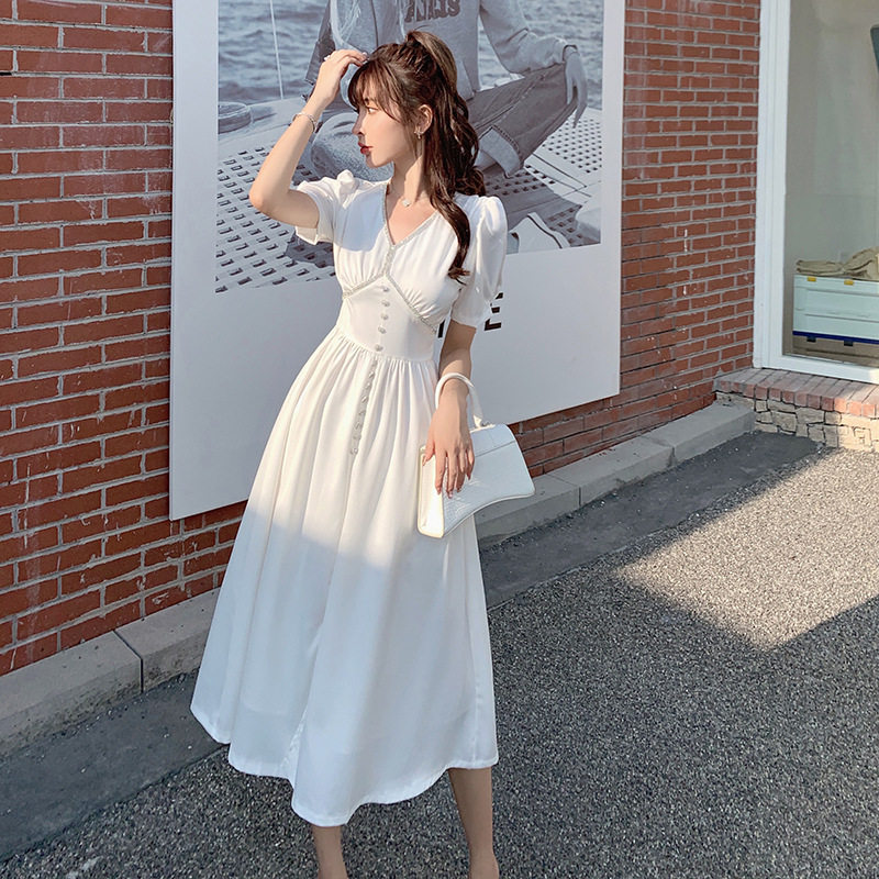 Đầm maxi nữ thắt eo cổ chữ V tay ngắn họa tiết kim cương — Trắng chi tiết 6