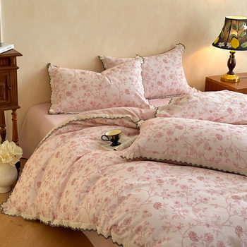 Autumn and Winter Cotton Brushed Four-Piece Set, Accessible Luxury Style Lace Pure Cotton Three-Piece Set, Thickeneded Quilt Cover, Bed Bed Sheets and Fitted Bed Sheets