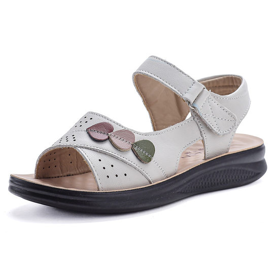 真牛皮中老年妈妈凉鞋女新夏法式配裙子厚底松糕按摩平底罗马凉鞋