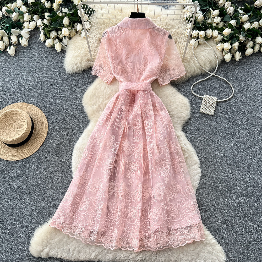 French Elegant Embroidered Lace Dress Summer Slim Fit A Line Korean Style Perfect for Office and Casual Occasions