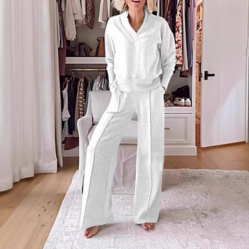 2025 Autumn and Winter Amazon Cross-Border European and American New Style V-Neck Long Sleeve Loose Solid Color Women's Fashion Casual Pants Suit