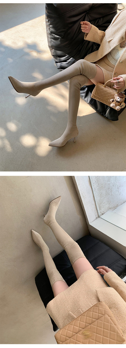 Boot nữ cổ cao qua gối mũi nhọn gót nhỏ chất liệu da lộn co giãn — Lớp lót đơn màu kaki, Lớp lót đơn màu xám, Lớp lót nhung đen, Lớp lót nhung kaki