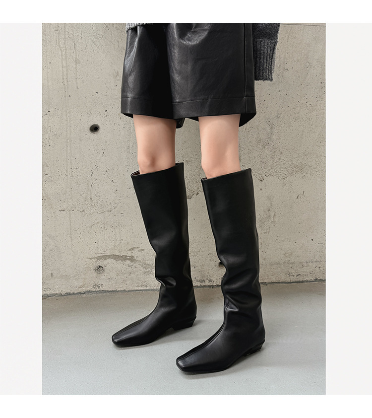 Boot cao cổ nữ da bò mũi vuông gót thấp phong cách thanh lịch — màu đen, Màu đỏ rượu