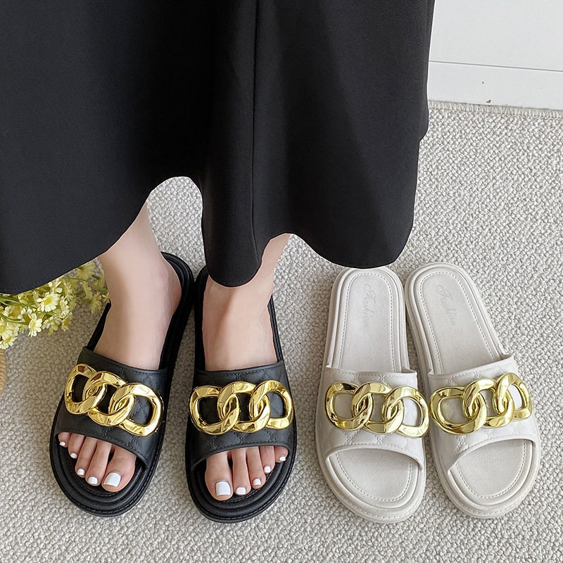 Internet Celebrity Popular Thick-Soled Slippers for Women's Summer Outer Wear, Fashionable and Trbottomyy Casual Flats-Soled Non-Slip Soft-Soled Slippers for Women