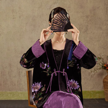 New Chinese-Style Begonia Sequin Velvet Jacket, Retro Cotton Jacket, Slim-Fit Rayon Skirt Two-Piece Set N9012