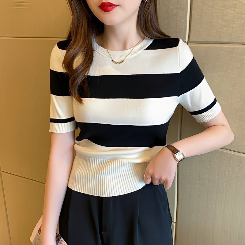 Slim Fit Short Sleeve Knitted T Shirt for Women Ice Silk Fabric Casual Summer Wear Available in Multiple Colors and Sizes