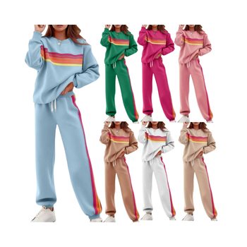 Cross-Border Export Amazon 2025 New Autumn and Winter Women's Round Neck Loose Color Striped Elastic Waist Pants Sweatshirt Suit