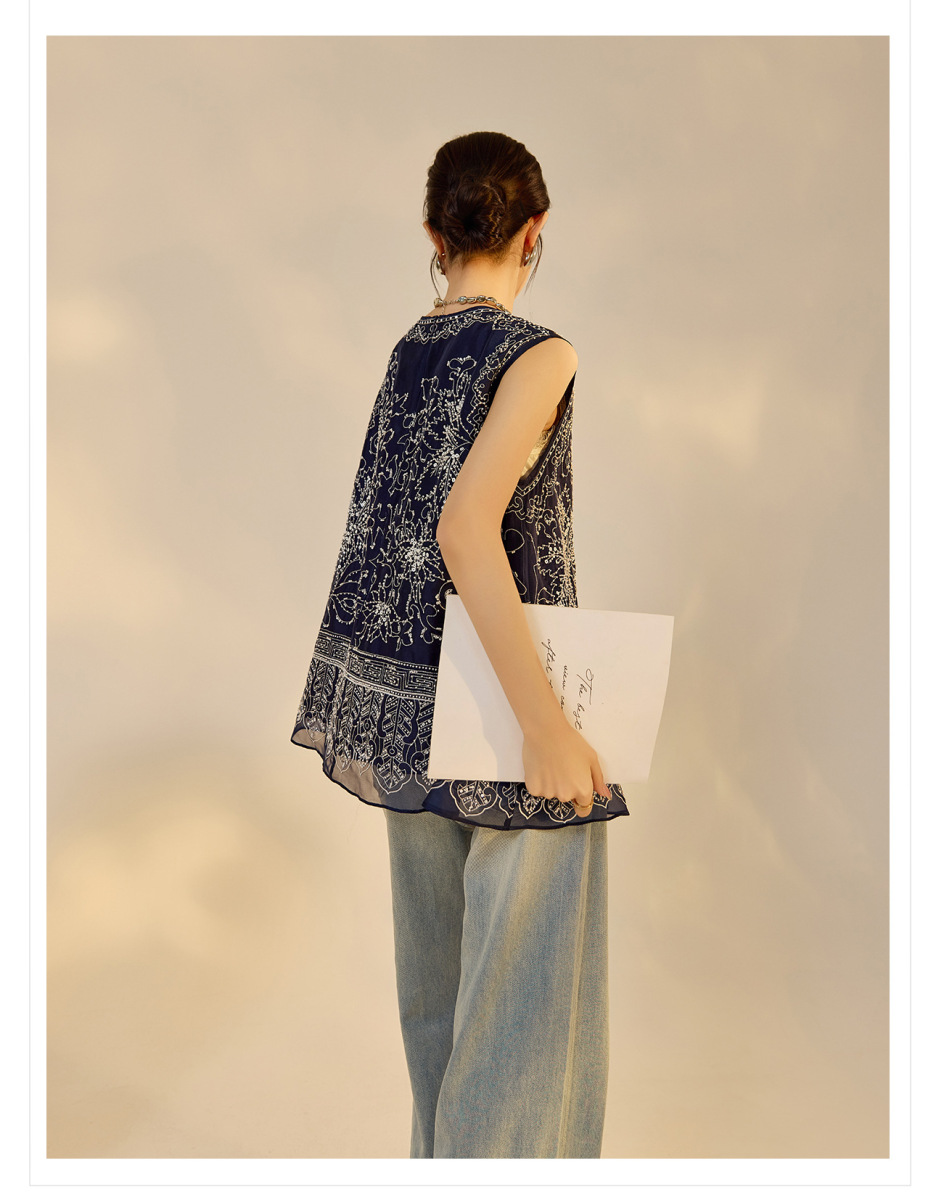 Áo vest gile nữ không tay cổ tròn đính hạt sang trọng — Màu xanh lam