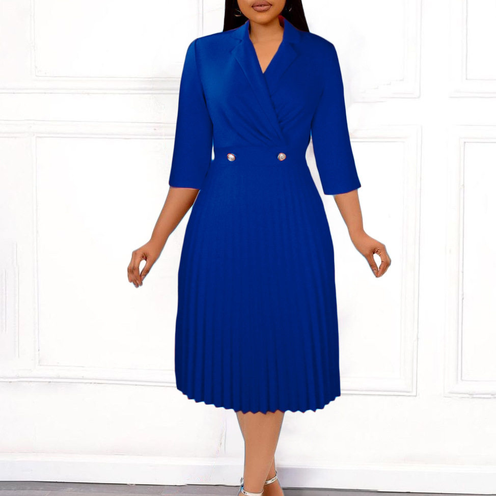 Elegant Womens Dress Solid Color Pleated Design Suit Collar Autumn Fashion for Casual or Formal Occasions