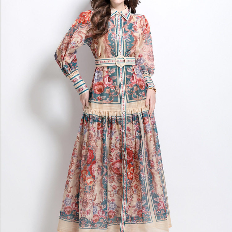 Vintage Floral Print Lantern Sleeve Waist Defined Midi Dress for Women Elegant Slim Fit Classic Style Perfect for
