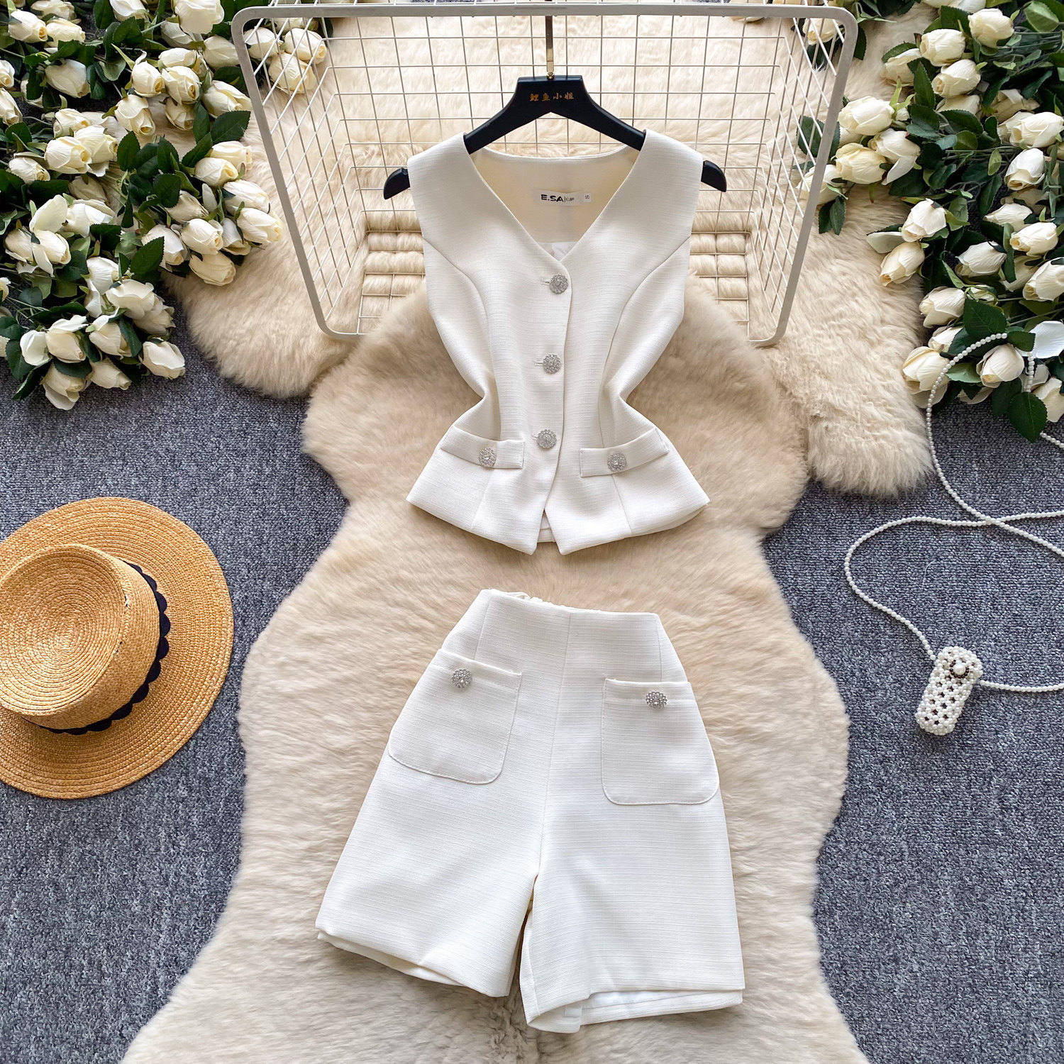 Pink Tweed Vest and High Waisted Shorts Set Rhinestone Embellished Elegant Style Summer Fashion for Women Wholesale
