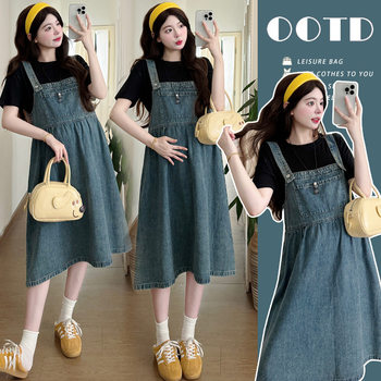 2025 Pregnant Women Summer Loose All-match Age-reducing Denim Strap Skirt Small Casual T-shirt dress Two-piece Set