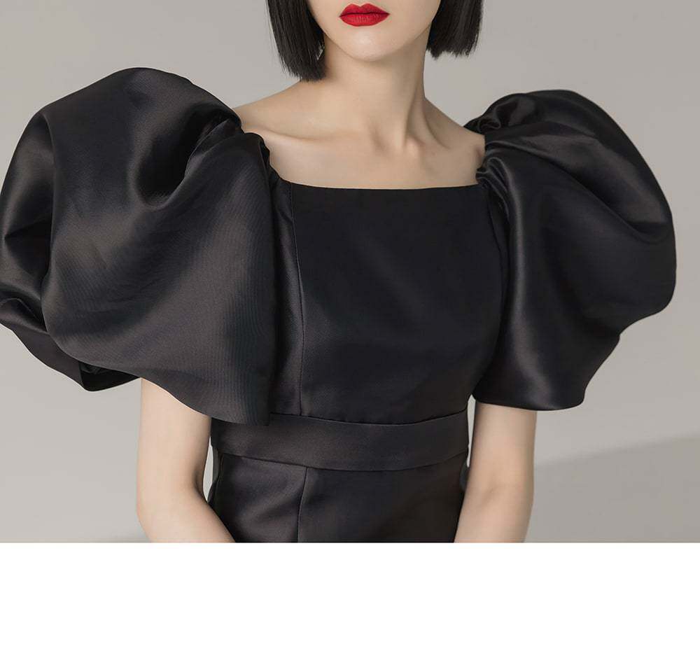 Đầm maxi nữ thắt eo tay phồng cổ tròn — Hồng chi tiết 4
