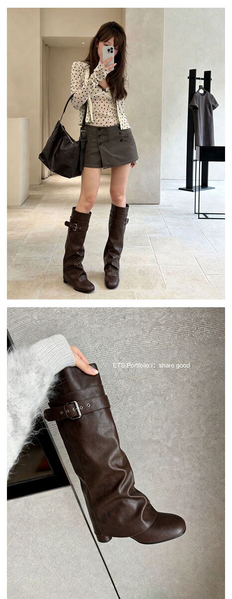 Boot nữ cổ cao gót thô 5.5cm, ống rời tháo được hai kiểu, khóa thắt lưng, mũi vuông — màu đen, Màu nâu đậm