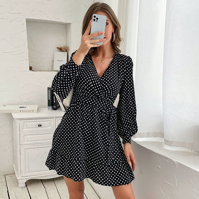 Polka Dot Long Sleeve V Neck Black Dress Trendy Design Elegant Style Perfect for Parties Wholesale Available