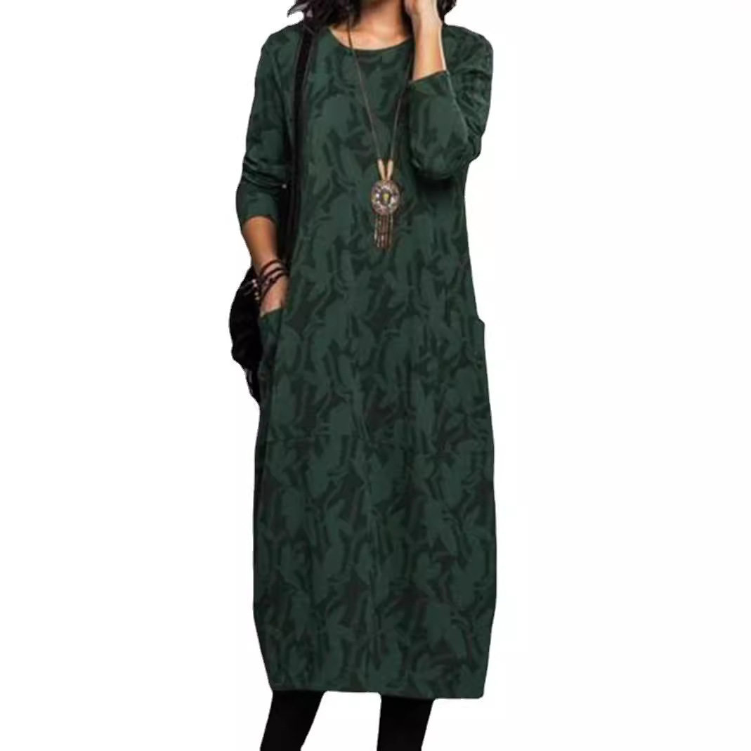 Casual Long Sleeve Pocket Dress for Women Cotton Linen Round Neck Available in Black Green Blue Red Wholesale Sizes S to XXXL
