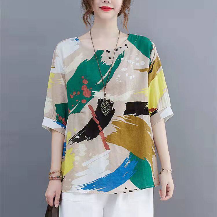 Cotton Linen Womens Casual Short Sleeve T Shirt Loose Fit Summer Style Flattering for Plus Sizes Wholesale Available