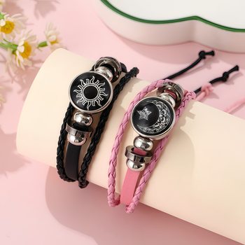 Amazon's Popular Sun and Moon Time Gemstone Bracelet, Unisex Handmade Multi-Layer Woven Leather Bracelet Wholesale Factory