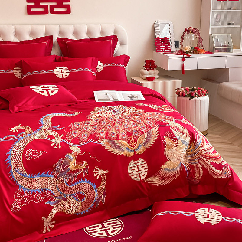 High-End Chinese Dragon and Phoenix Embroider Wedding Four-Piece Set Big Red Wedding Room Dowry Bed Sheetss Quilt Cover Dowry Bedding