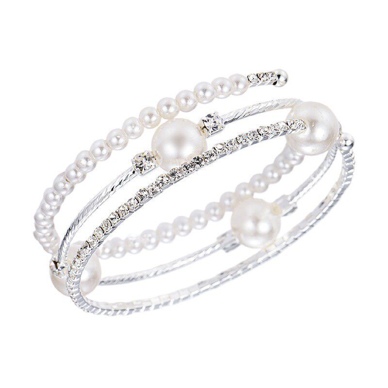 Cross-Border Popular Full Diamond Elastic Bracelet European and American 3-Layer Spring Bracelet Female Bride Pearl Crystal Rhinestone Bracelet