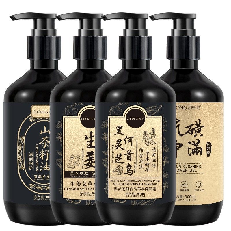 Chongzi Black Ganoderma and Polygonum Multiflorum Shampoo Herbal Black Hair Repair Anti-Hair Loss Nourishing Hair and Scalp