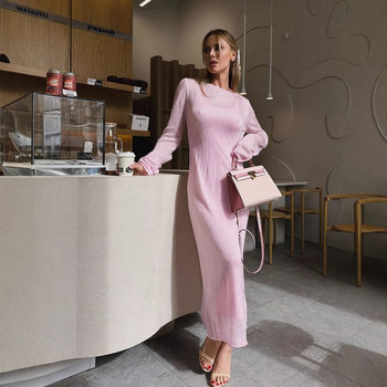 2025 Hollow Pink Hip-Covering Knitted Long Skirt European and American See-Through Slim Dress + Vest Dress Two-Piece Set