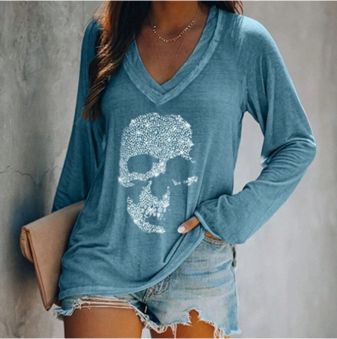 外贸跨境夏季女装简约休闲v领长袖T恤印花T恤女 独立站厂家货源