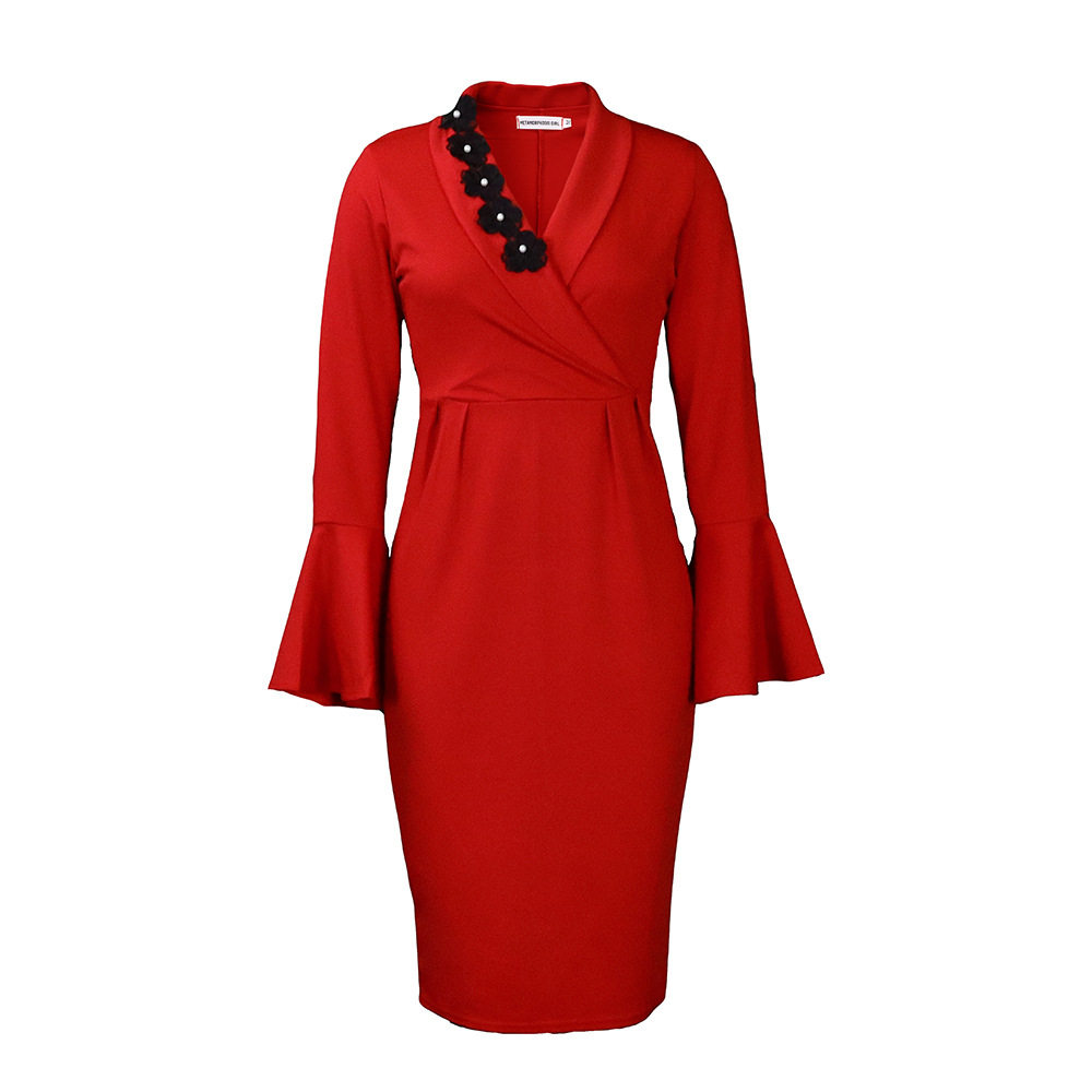 Elegant V Neck Bodycon Dress Bell Sleeves Split Hem Autumn Winter Style Wholesale Womens Fashion Apparel