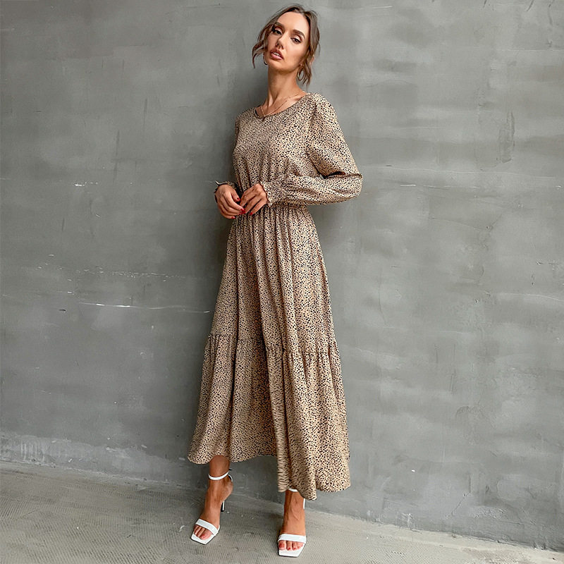 Leopard Print Long Sleeve Maxi Dress Round Neck Fashionable Autumn Winter Wholesale Available