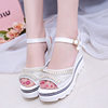 Sandals Women's 2025 Summer New Sandals Women's Wedge Rhinestone Fashion One-Word Buckle Fish Mouth Women's Shoes