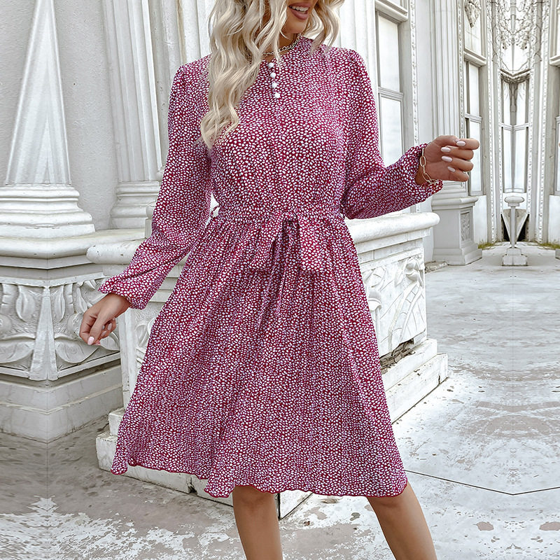 Floral Print Long Sleeve Dress Casual Sweet Elegant Round Neck Versatile Style Wholesale Available