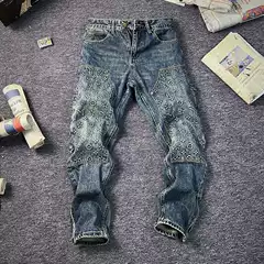 2024 Fall New Men's Jeans American Retro Style Brand Embossed Distressed Straight Leg Loose Monkey Patch Stretch